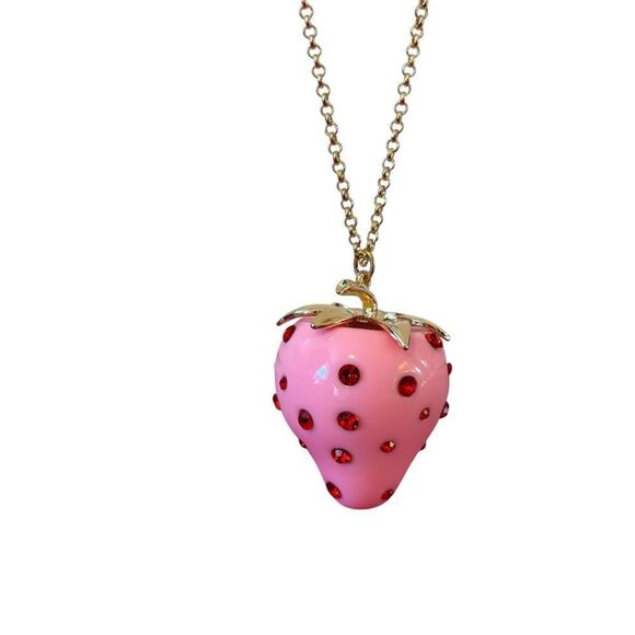 Gorgeous Pink Strawberry Pendant Necklace w/ Red Crystals on Long Goldtone Chain - Picture 5 of 7